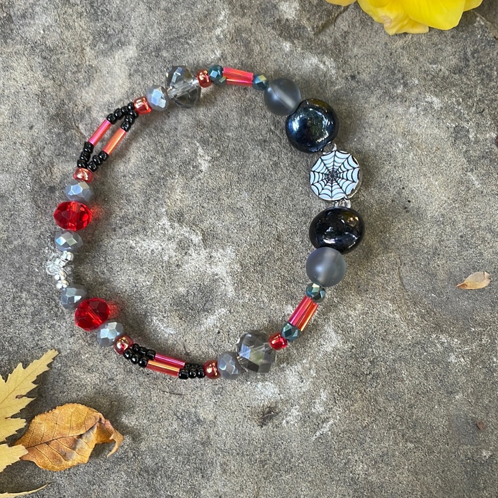 Handmade Spiderweb Beaded Bracelet w Upcycled & New Beads & Multifaceted Crystal